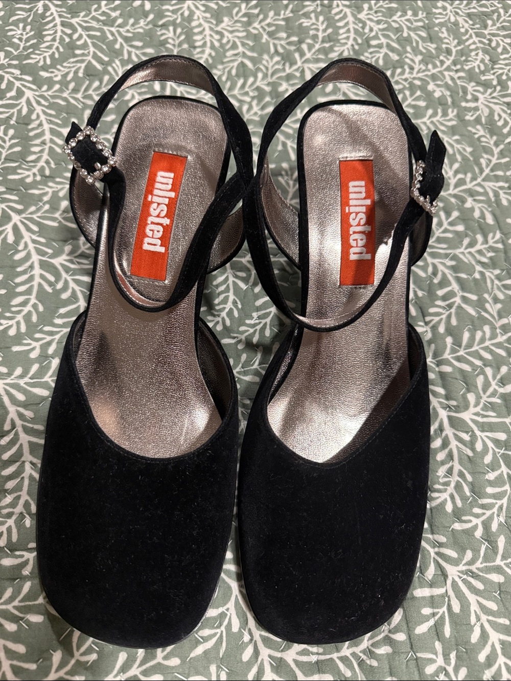 Unlisted Black Velvet Slingback Heels with Rhinestone Buckles